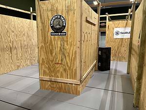 Indoor shoot house with wooden partitions used for Nerf and airsoft parties