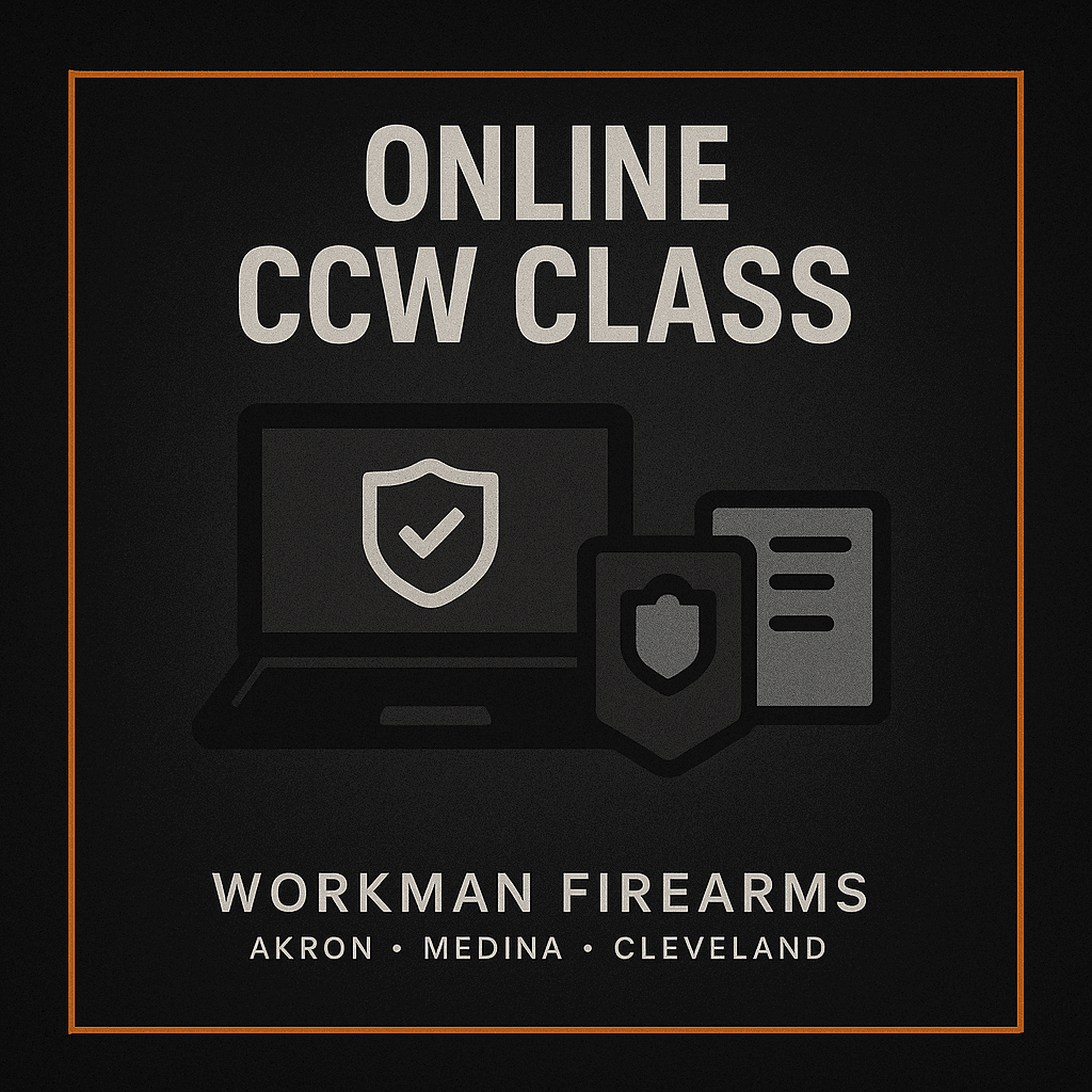 Online CCW class tile with laptop and shield/document icons on charcoal background.
