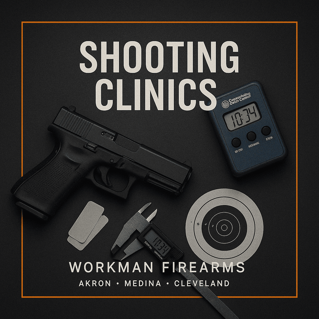 Shooting clinics tile with pistol gear, shot timer, target graphic, and tools.