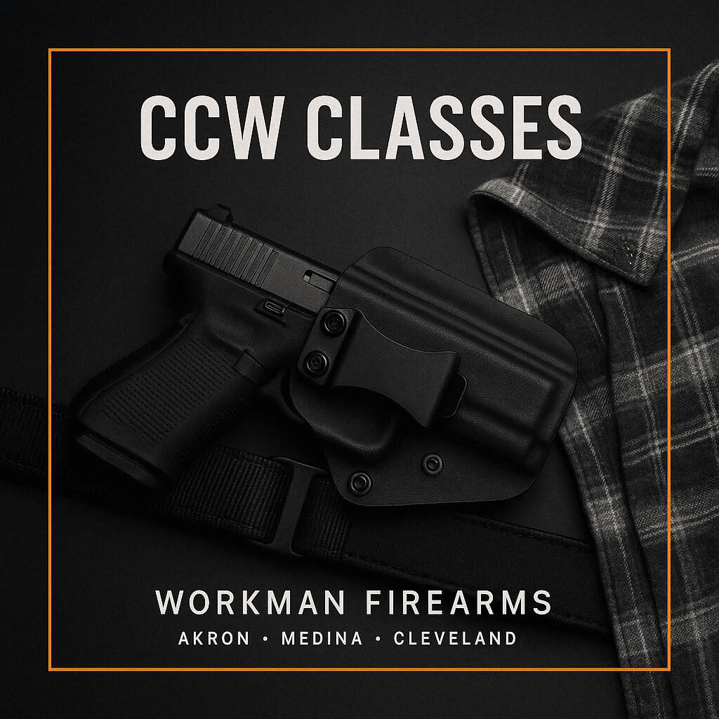 CCW classes tile with concealed carry holster on dark textured background.
