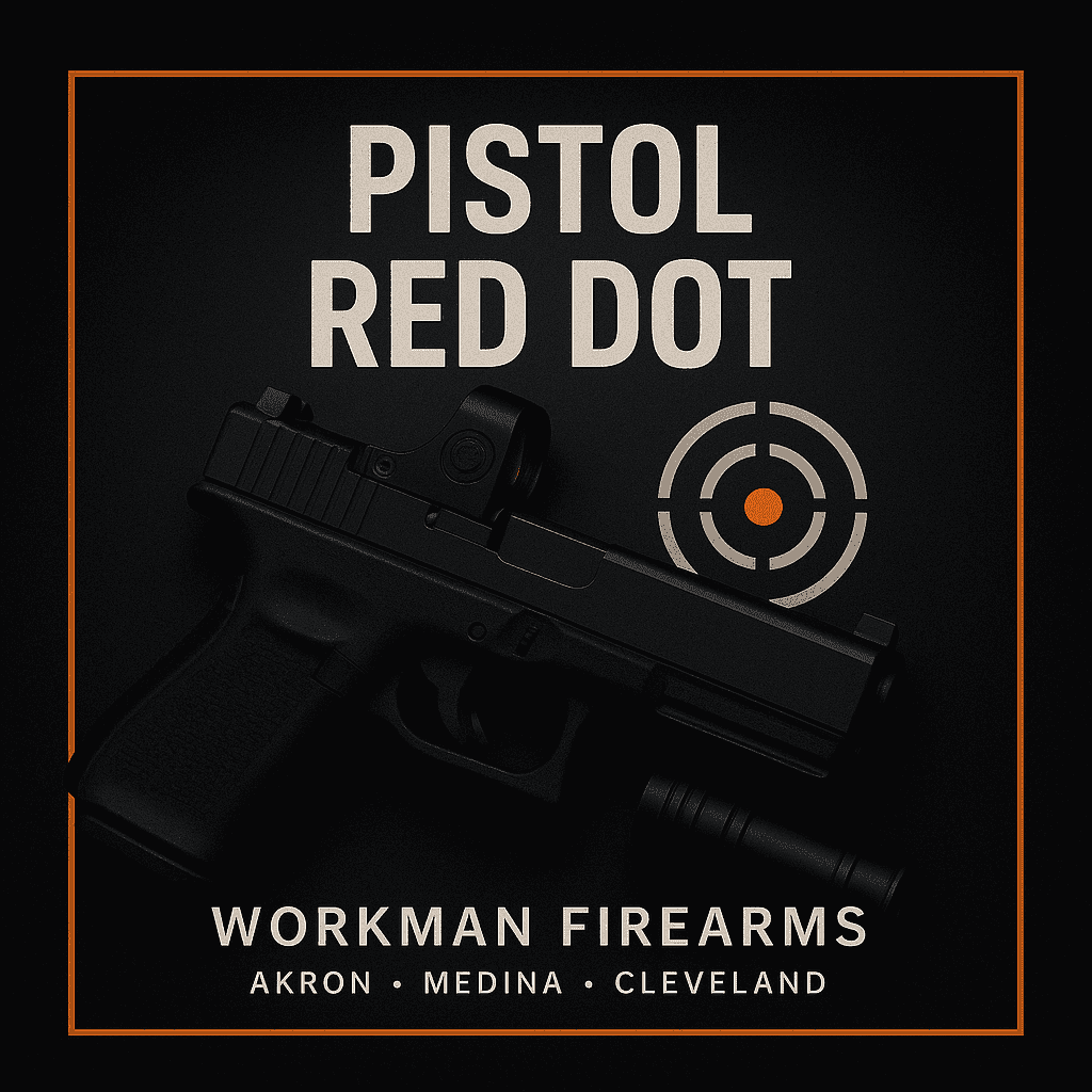 Pistol red dot class tile with slide‑mounted optic and target reticle icon.